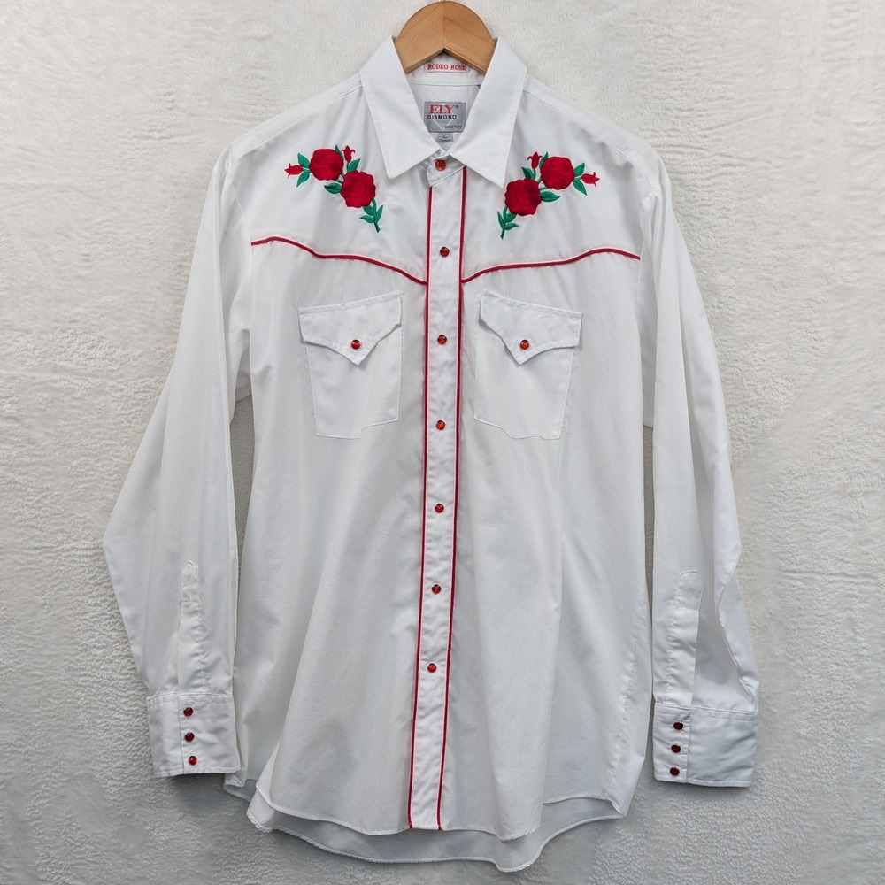 VTG Ely Diamond Western Shirt Men's L White Rose Floral Pearl Snap Cowboy 90s